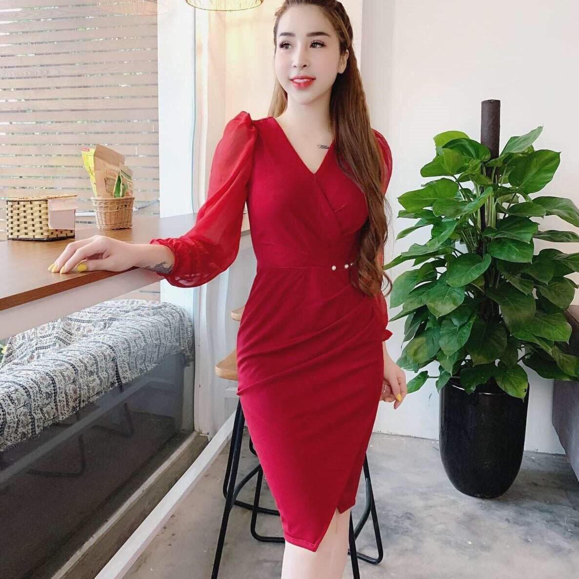 Đầm body chéo ngực tay lưới