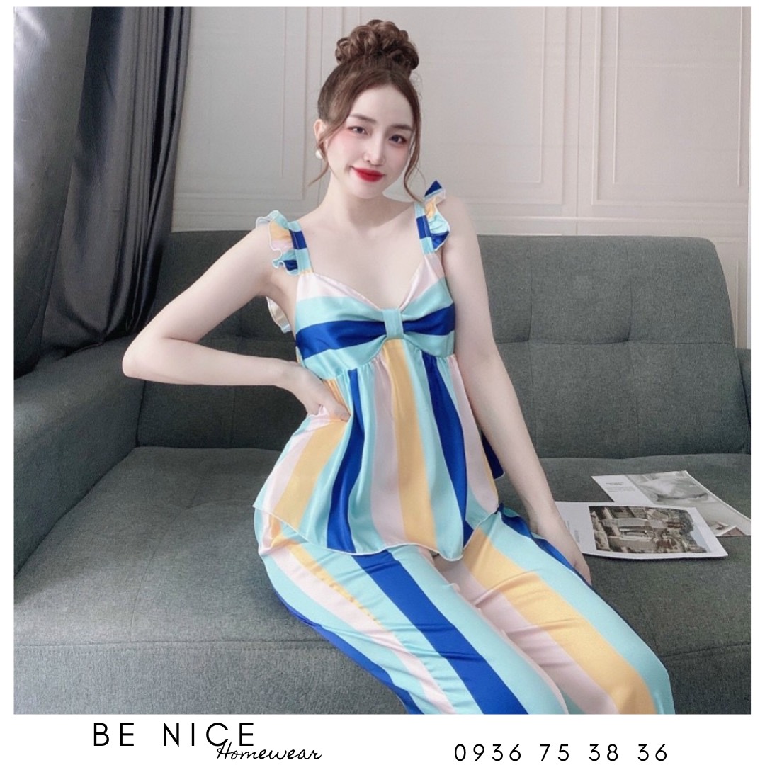 Set lụa dài mặc nhà nơ tay cánh tiên