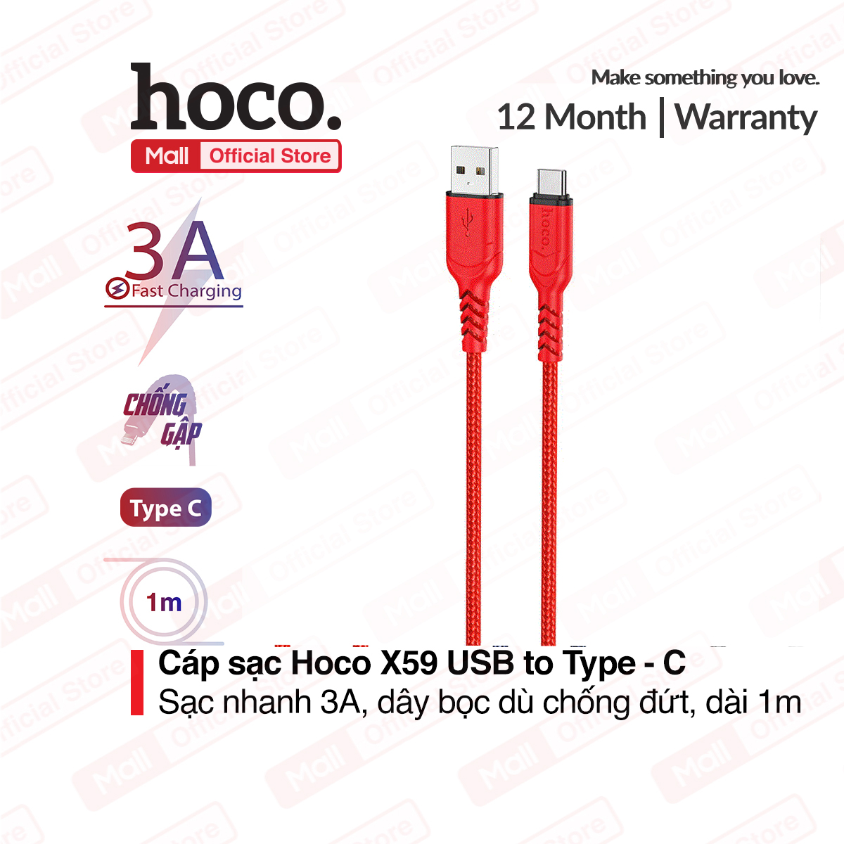 Cáp sạc nhanh Hoco X59 USB to Type-C sạc nhanh 3A đầu sạc chống gẫy gập hỗ trợ truyền dữ liệu dành cho Samsung/Oppo/Huawei... dài 1m