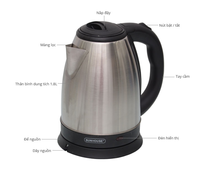 Ấm đun siêu tốc Inox SUNHOUSE SHD1182 1.8lit