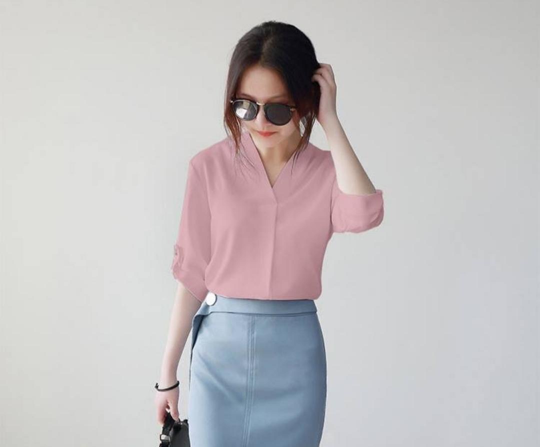 [HCM]Áo sơ mi nữ cổ V cao cấp 2 màu: Trắng Hồng