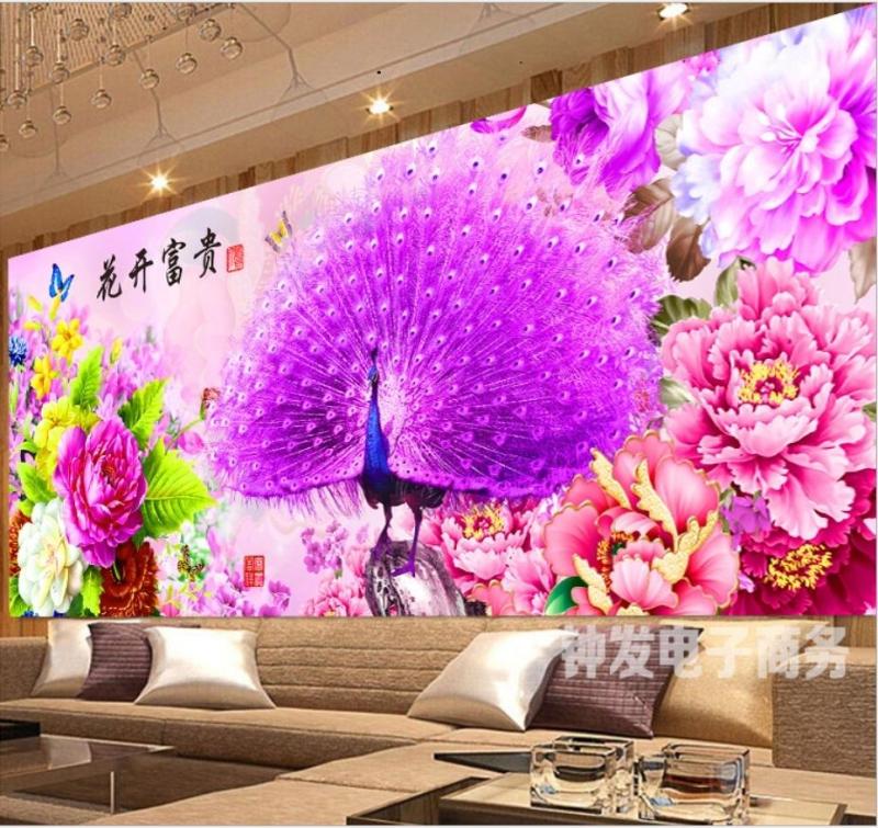 Tranh thêu Khổng tước đại phú quý kt 150x66cm