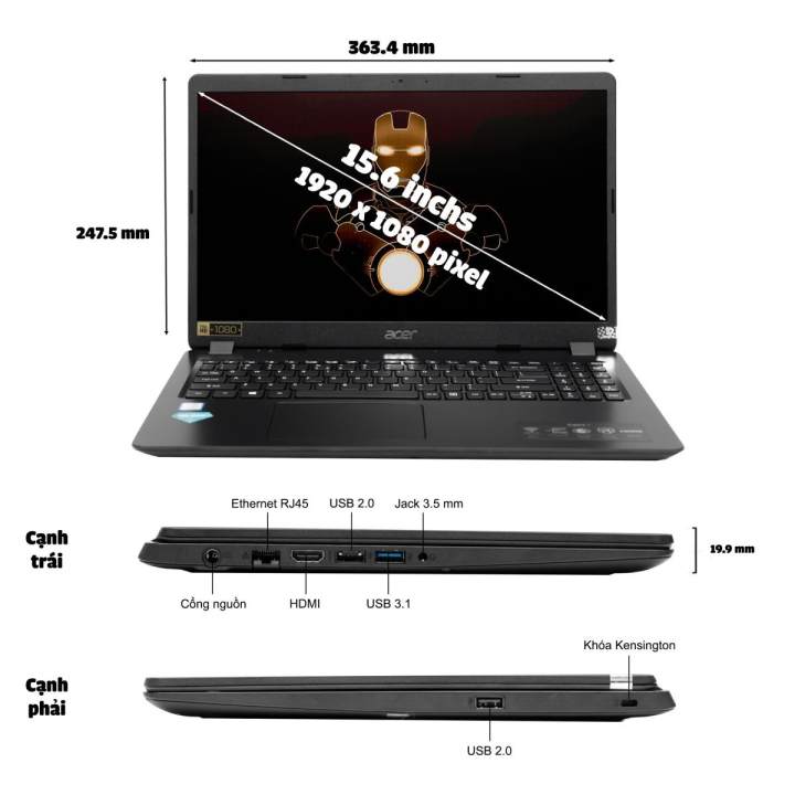 Laptop Acer Aspire 3 A315-56-37DV (i3 1005G1/4GB RAM/256GB SSD/15.6 inch FHD/Win 10/Đen) – NX.HS5SV.001