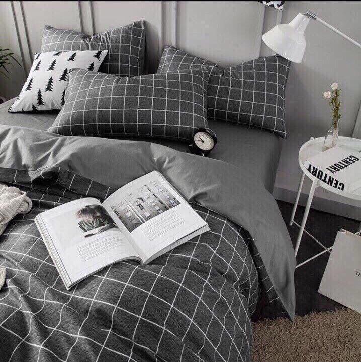 Bộ chăn ga gối ô xám đen + Ruột chăn đông + Ruột gối.