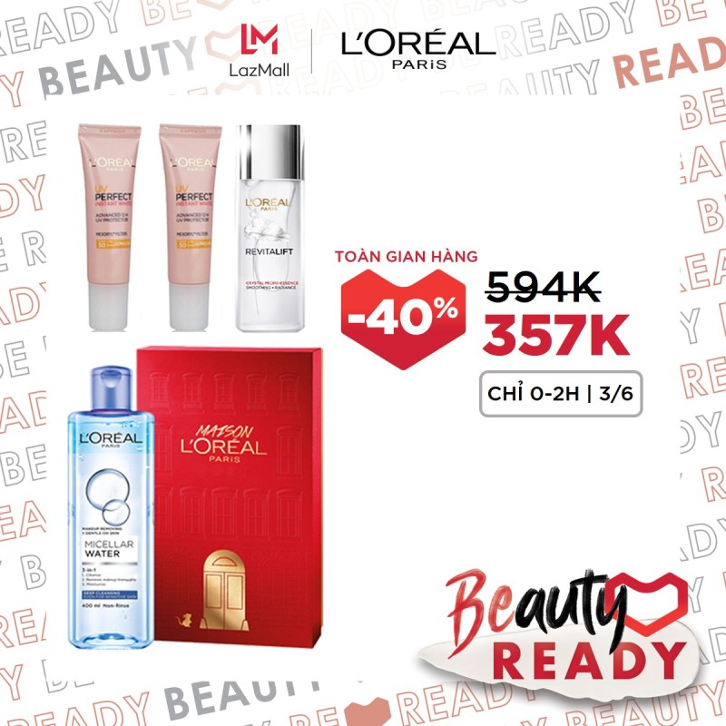 Bộ sản phẩm Nước tẩy trang LOreal Paris Micellar Water sạch sâu - Dưỡng Chất Sáng Mướt Da Micro Essence - Kem chống nắng dưỡng trắng da UV Instant White 15ml x2
