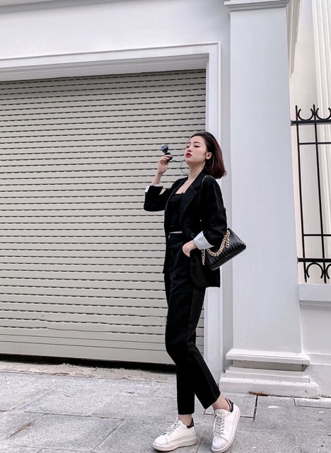 [HCM]SÉT VEST NỮ - SÉT VEST 3 MÓN TAY LỠ ĐEN TRẮNG