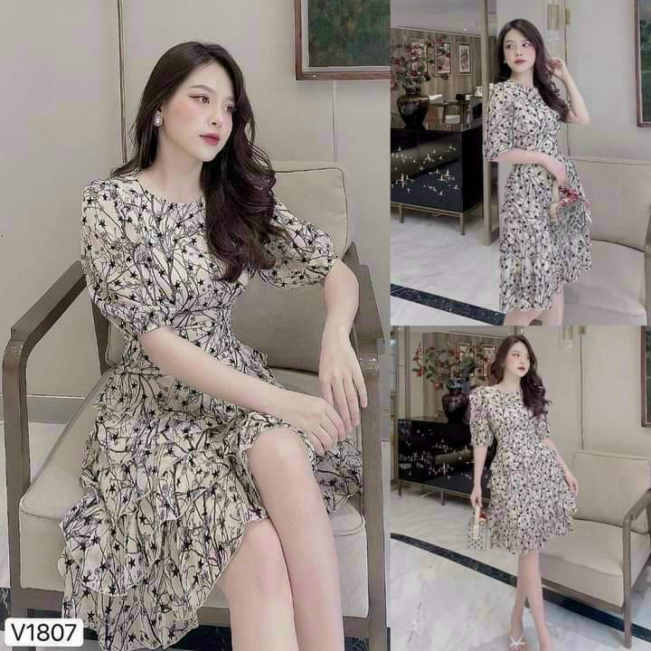 [HCM]Đầm voan hoa cổ trụ tay dài cực sang