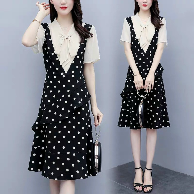 Đầm yếm chấm bi kèm áo-HN#damnu