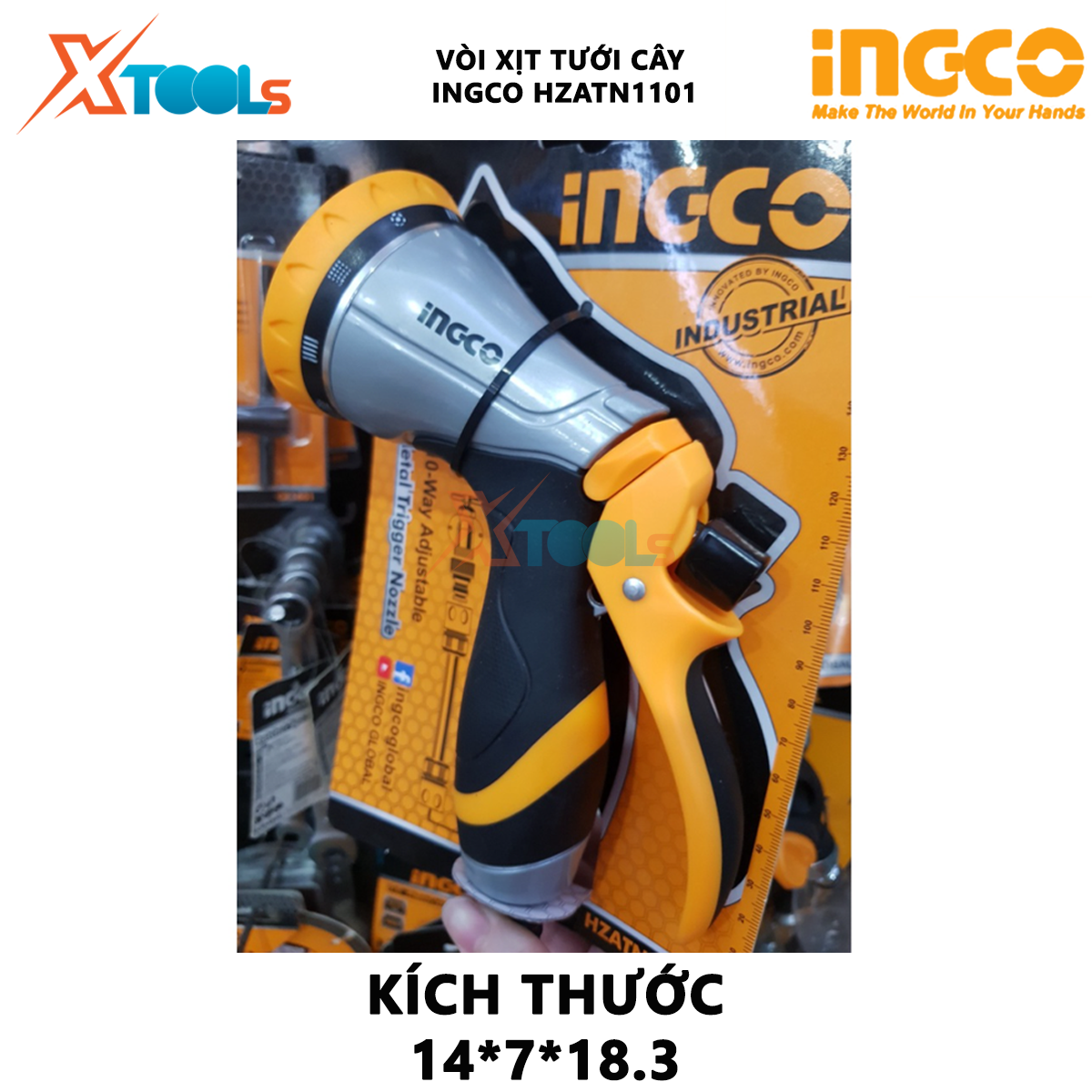 Vòi xịt tưới cây INGCO HZATN1101 | vòi xịt đa năng Đầu chuyển đổi 3/4", 10 chế độ phun, Kích thước 14x7x18,3cm, tay cầm mềm mại tưới vườn, rửa xe, tưới cây [XTOOLs][XSAFE]