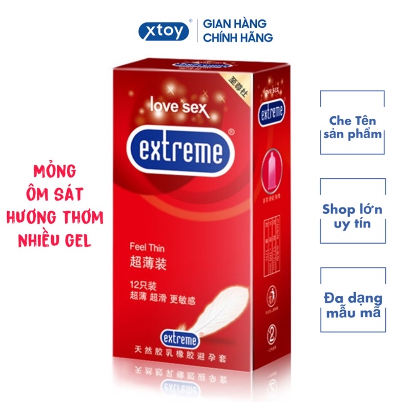 Bao cao su Extreme Fee Thinn, siêu mỏng, nhiều gel, hương thơm, ôm sát, hộp 12bcs