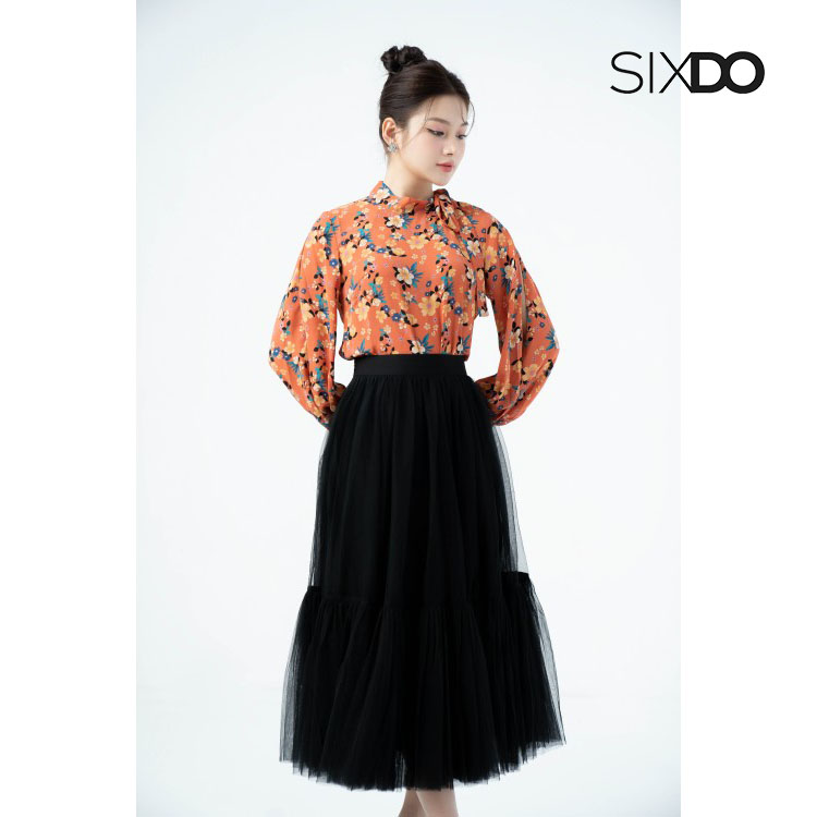 Áo nữ dài tay dây cổ cách điệu SIXDO (Red Orange Floral Chiffon Top)