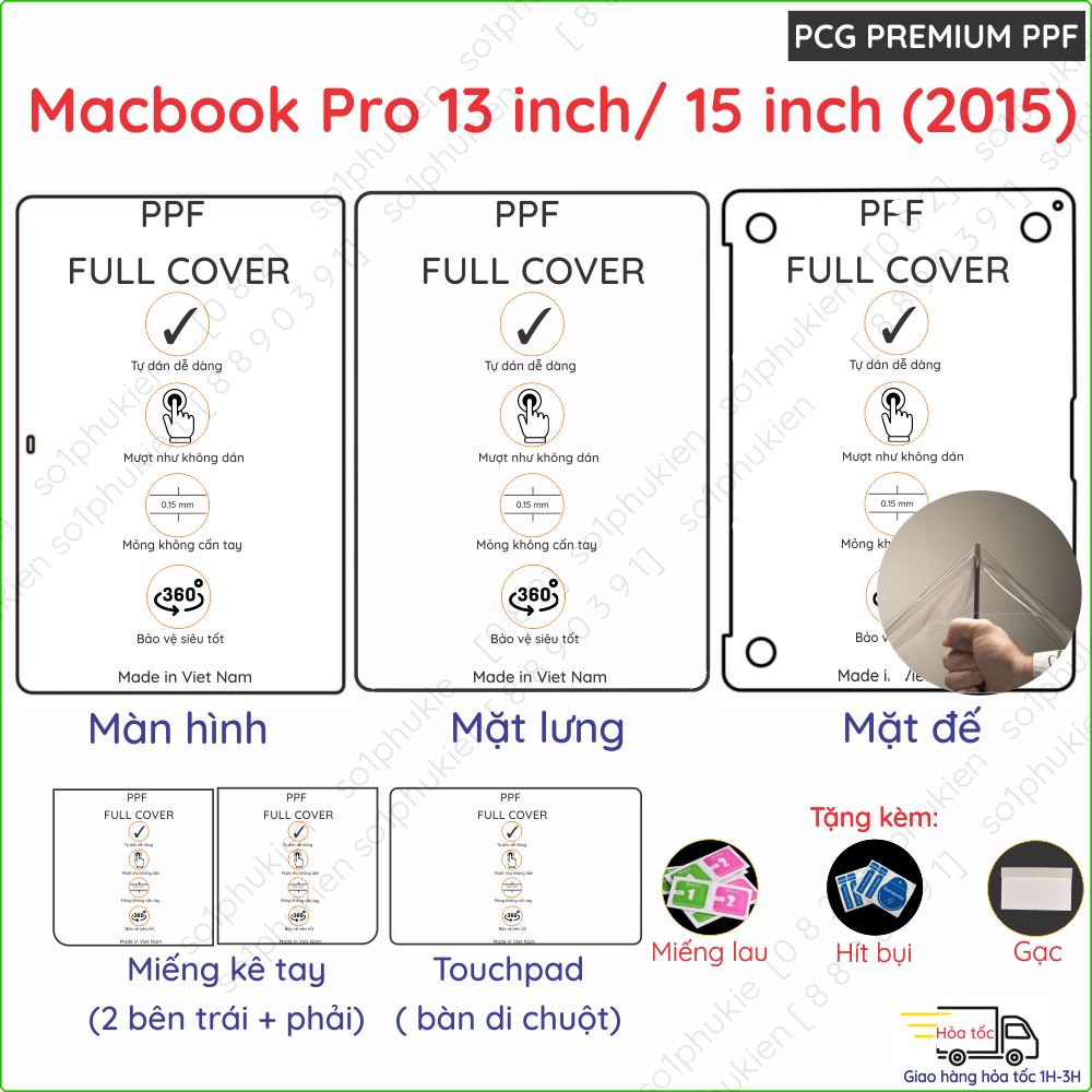 Dán PPF Macbook pro 13 inch/ 15 inch loại trong, nhám dành cho màn hình, mặt lưng, mặt đế, touch bar