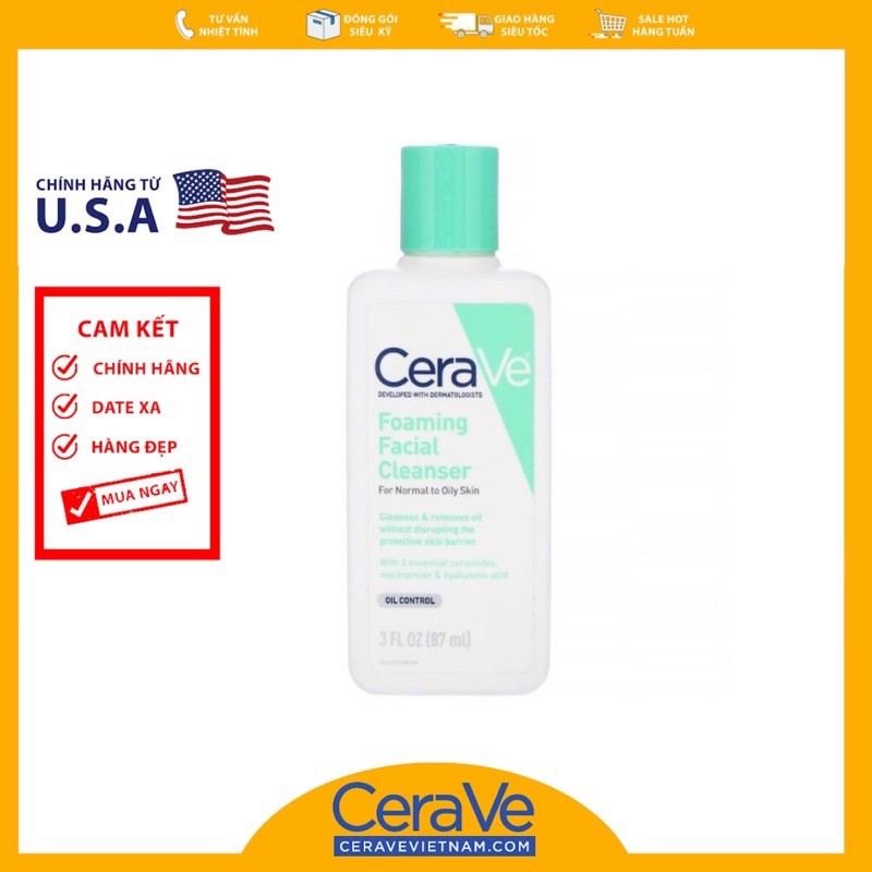 [HCM]Sữa rửa mặt CeraVe Foaming Facial Cleanser mini size (87ml)