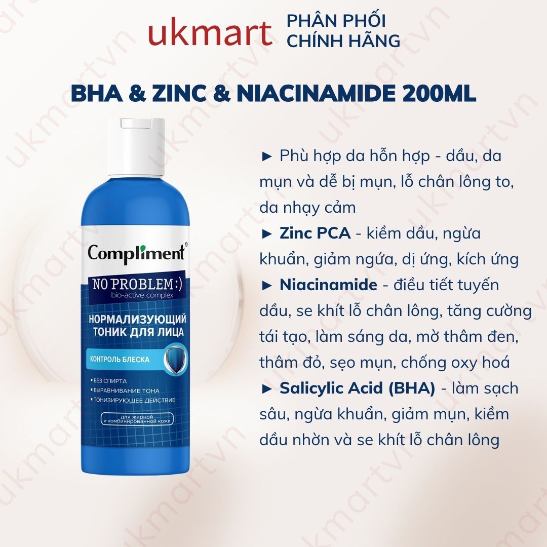 Toner Compliment No Problem Salicylic Acid Làm Sạch Da Kiềm Dầu Giảm Mụn  Se Khít Lỗ Chân Lông 200ml