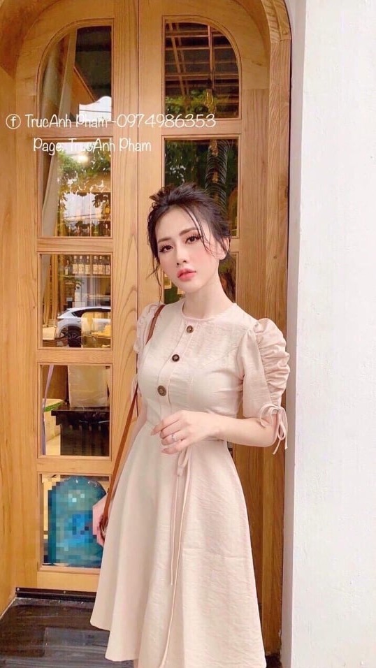 ĐẦM DÁNG SUÔNG TAY PHỒNG ĐÓNG NÚT