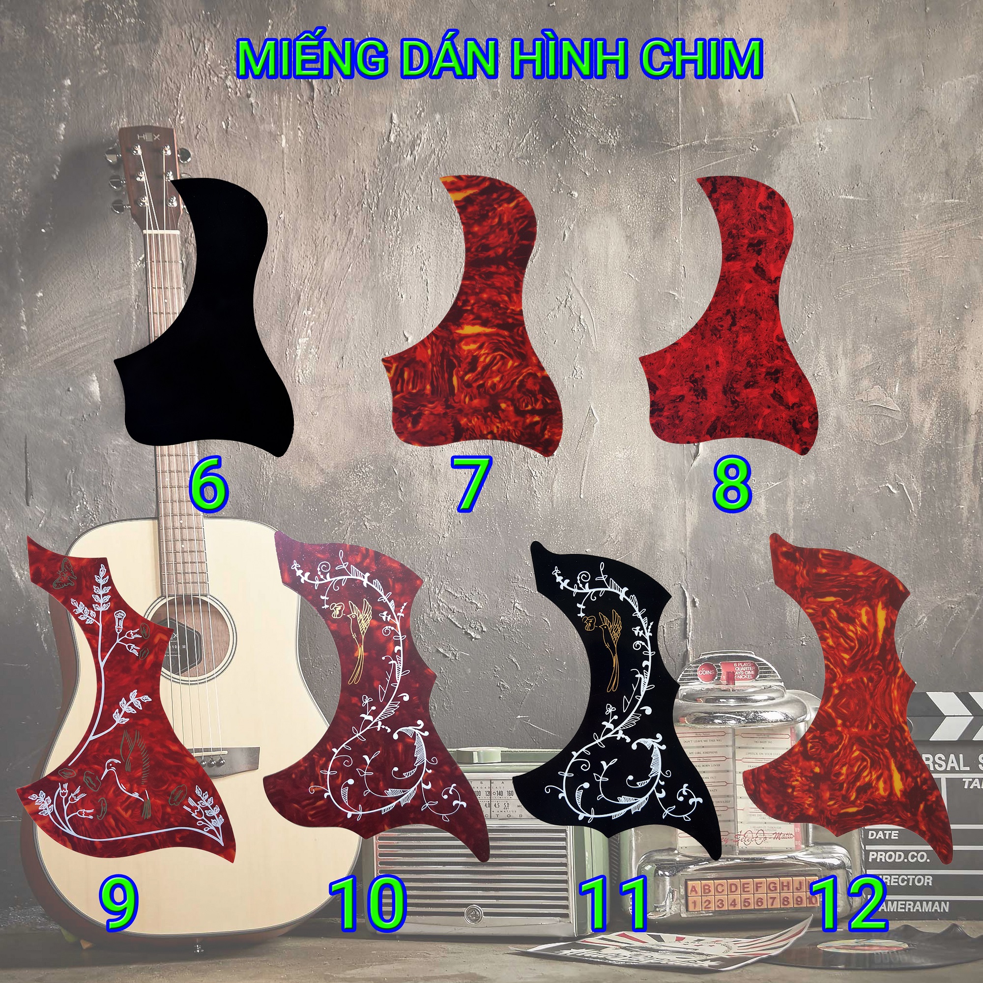 11 MẪU | Miếng dán giả khảm trang trí cần đàn Guitar