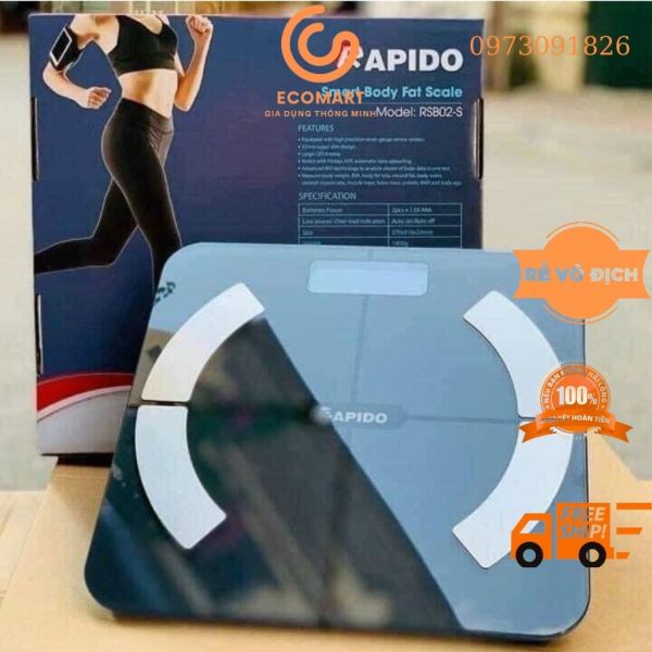 Cân điện tử, cân sức khỏe điện RAPIDO đo 11 chỉ số có kết nối Bluetooth hiển thị dữ liệu trên điện thoại
