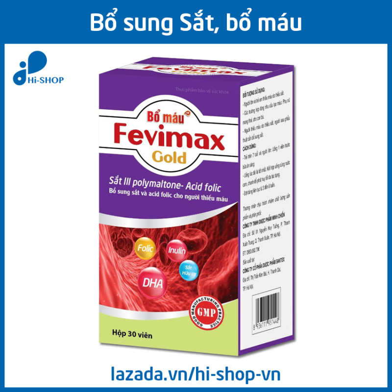 Viên uống Bổ máu Fevimax Gold bổ sung Sắt, Acid Folic cho người thiếu máu - Chai 30 viên cao cấp