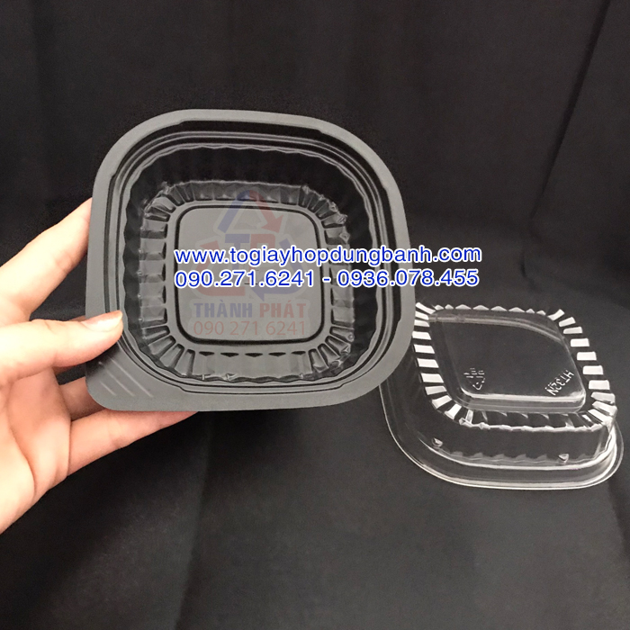 Hộp ht12 đế đen - hộp nhựa vuông đế đen ht12 đựng xôi - hộp ht12 đựng bánh flan - hộp đựng bánh da lợn