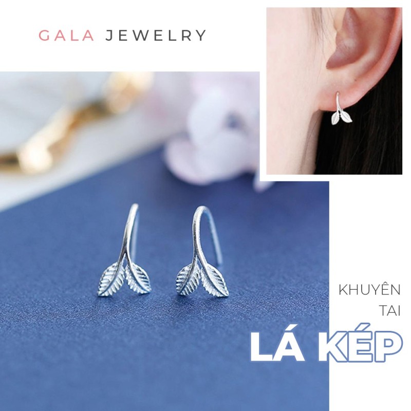 Khuyên tai nữ Gala hình Lá Kép KT07 - bông tai bạc 925 dạng móc cá tính