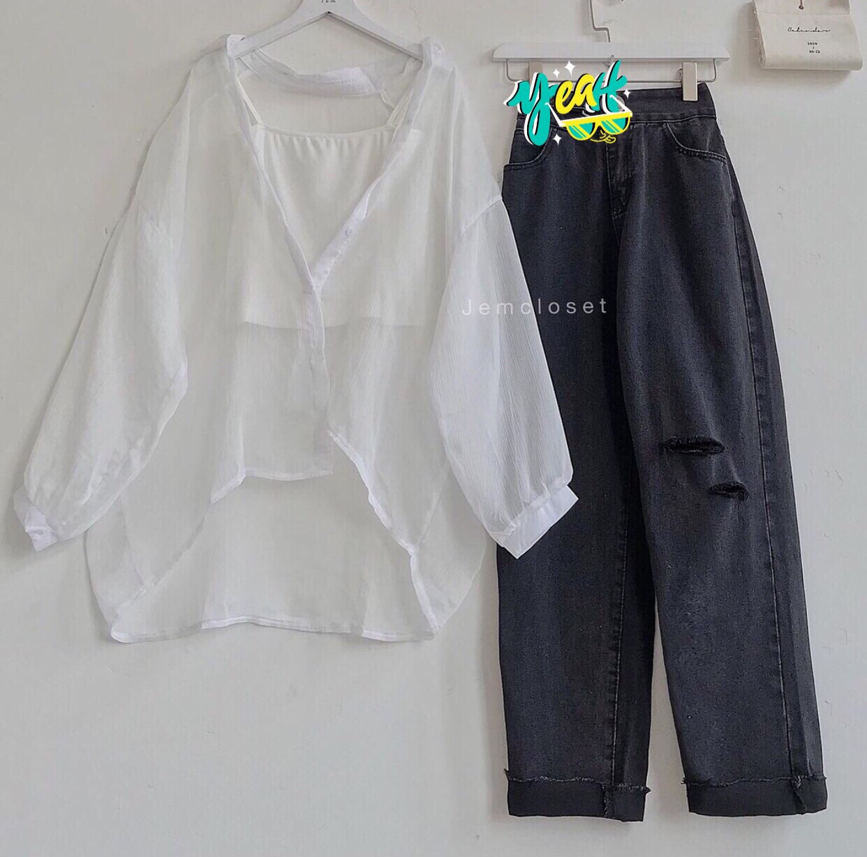 Set Baggy Xám Rách 2Line + Sơ mi Cặp ( kèm 2 dây)
