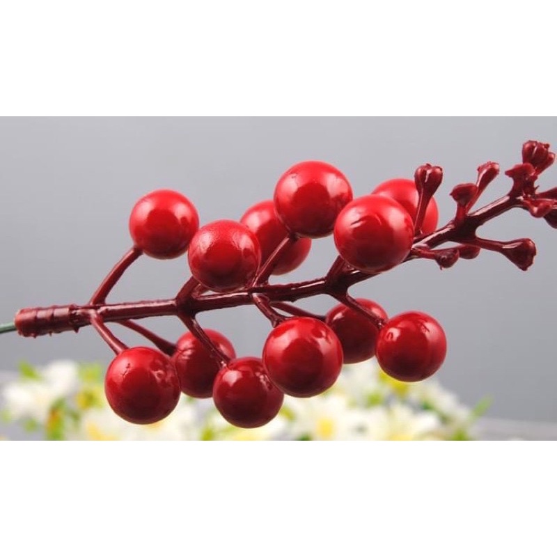 Chùm quả cherry, nhánh đào đông trang trí giỏ quà, noel,hoa sáp hoa lụa, làm oản - phụ kiện trang trí.