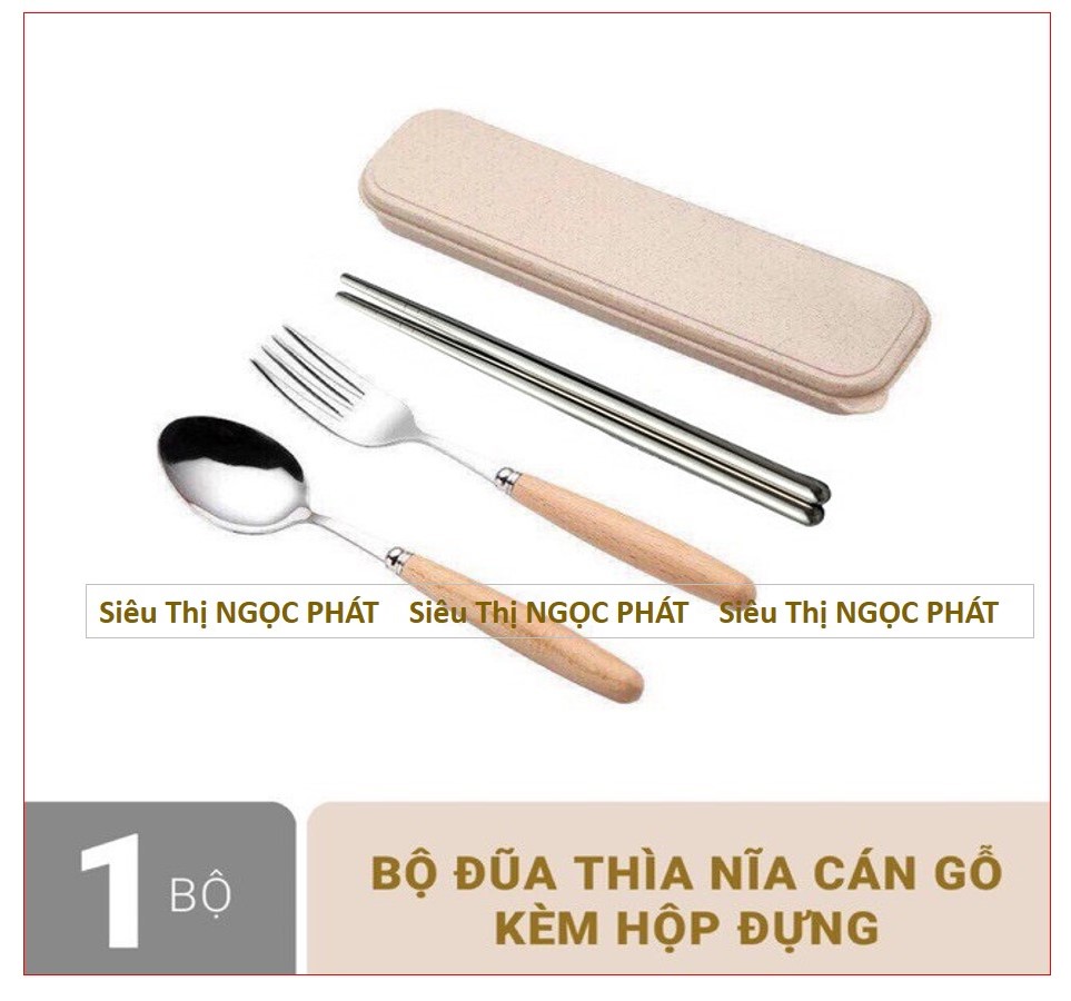 Bộ Đũa, Thìa, Nĩa_Cán Gỗ_Kèm Hộp Đựng Lúa Mạch