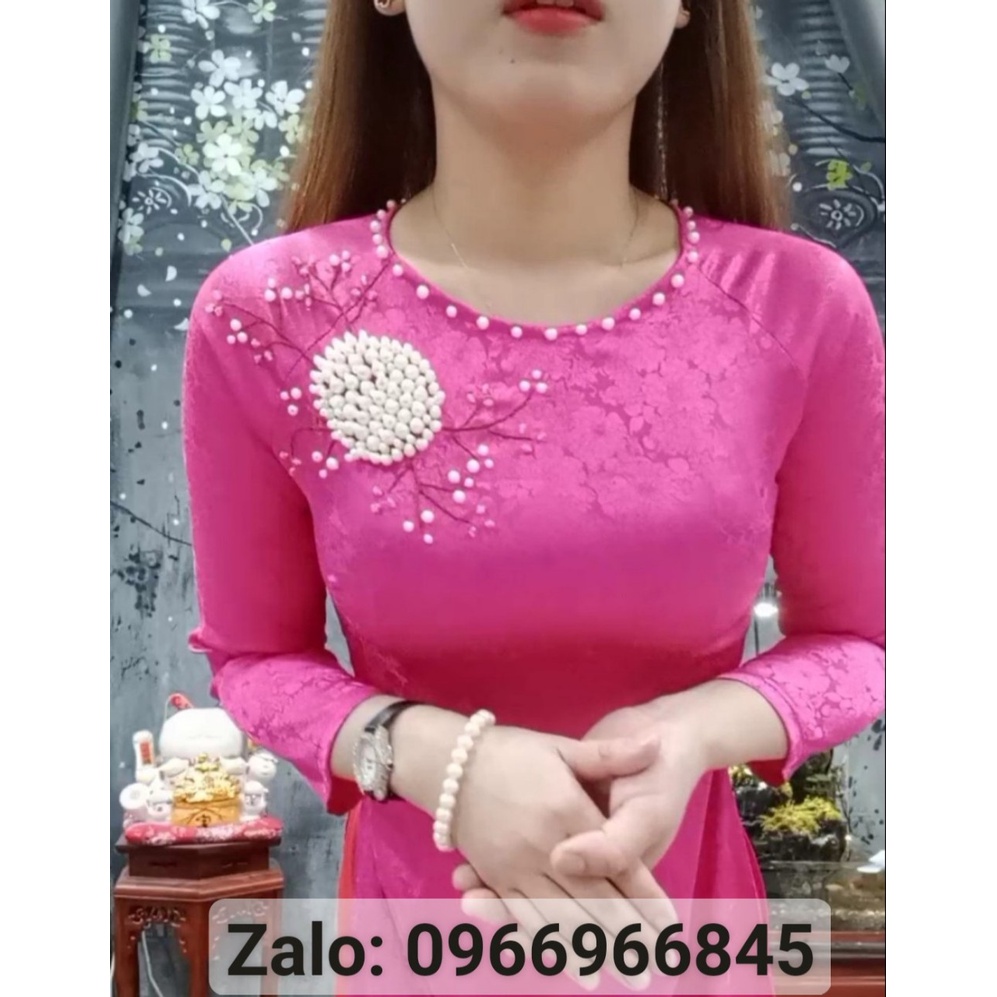 Áo dài gấm hồng đính hoa_Áo Dài Đan Linh