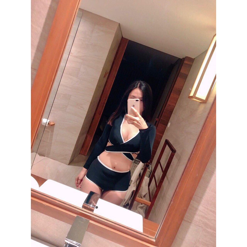 Bikini, đồ bơi đi biển hai mảnh áo chéo đen tay dài viền trắng cạp cao kg055