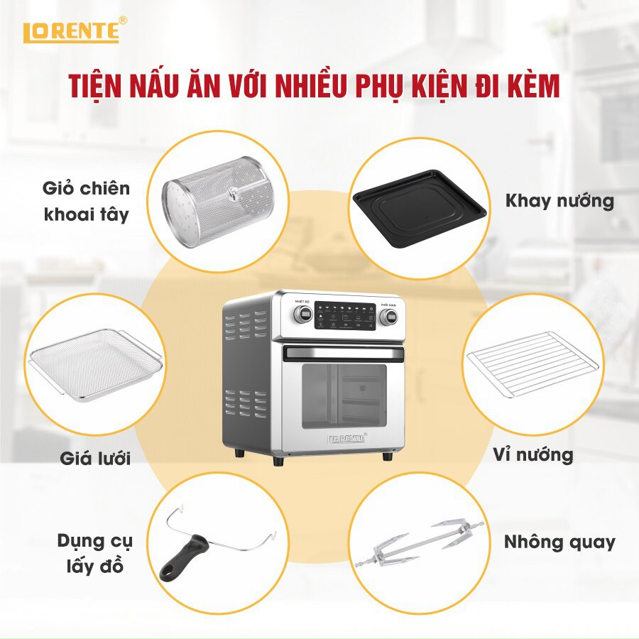 [TẶNG BỘ XIÊN 10 QUE] Nồi Chiên Không Dầu Kiêm Lò Nướng Đa Năng Cao cấp 16 Lít - Lorente LT-1600 - Bếp Chiên Không Khí Air Fryer