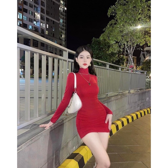 Đầm body cổ cao tay dài chất gân
