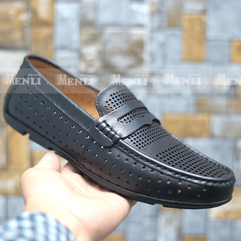 Giày Lười Da Bò Thật Menli Glsp160 Đục Lỗ (Đen, Nâu, Vàng)