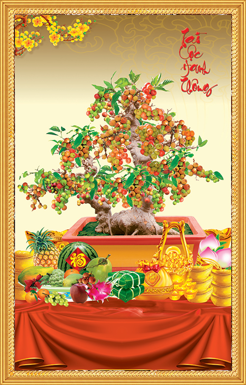 Tranh dán tường Tết VTC Chậu Sung Gia Hòa Vạn Sự Hưng SUNG-002 Kim sa nhiều mẫu và kích thước