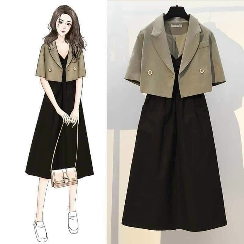 Set đầm nữ dài kèm áo vest ngắn siêu xinh tôn dáng cho các nàng tt cnn