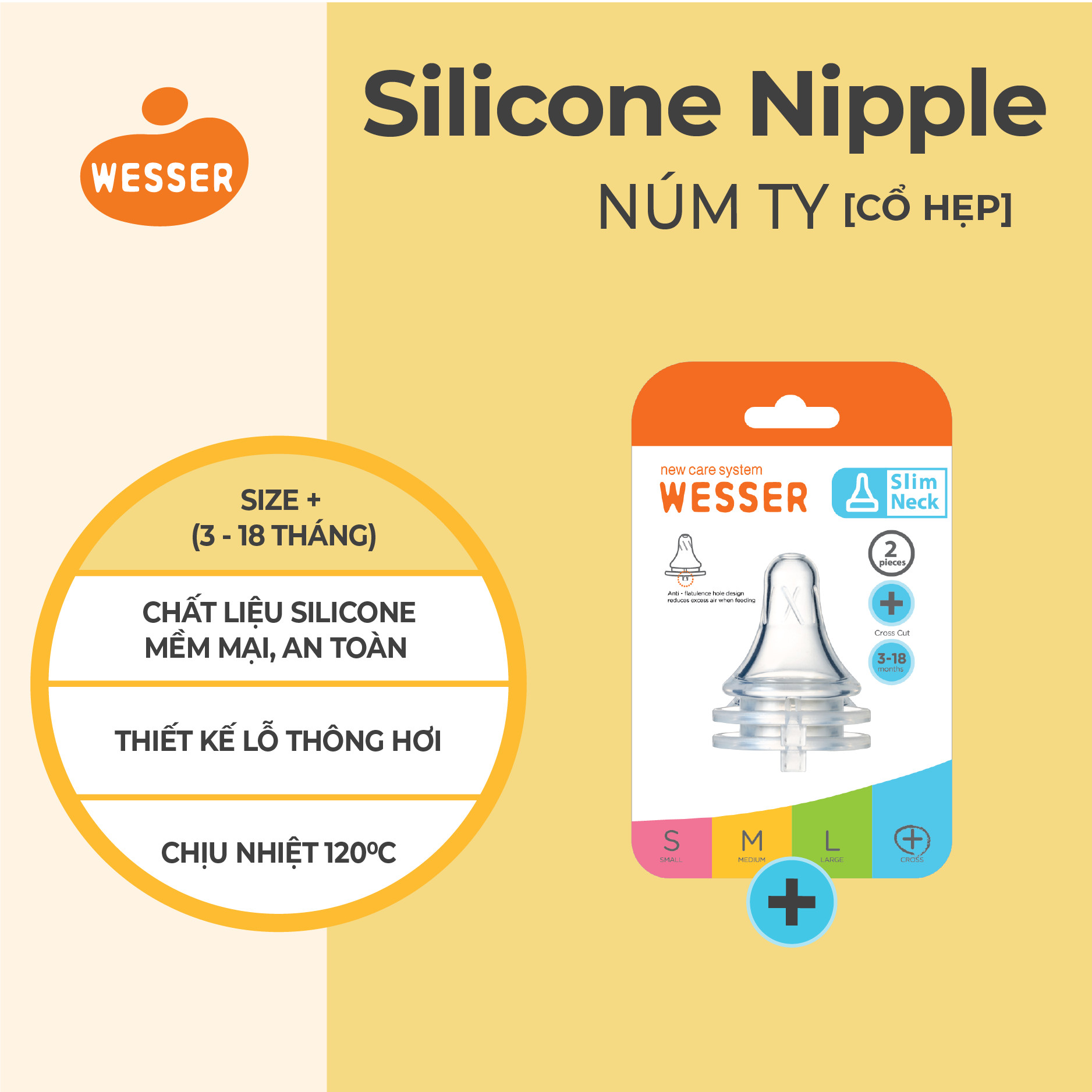 Núm ty CỔ HẸP Wesser S/M/L/+ (2 cái/hộp)
