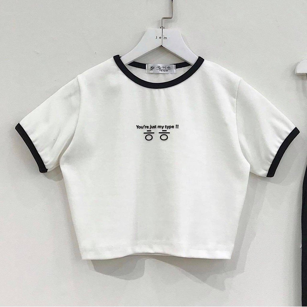 Áo croptop ngắn tay in chữ hàn quốc cổ bo viền basic dưới 52kg