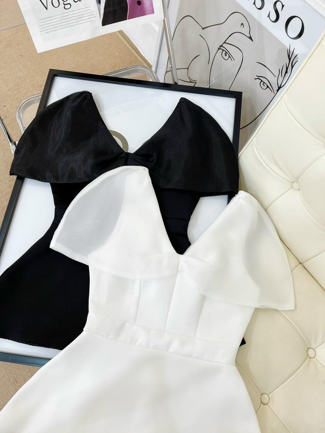 [Ảnh thật] Áo peplum cổ V phối oganza tay phồng