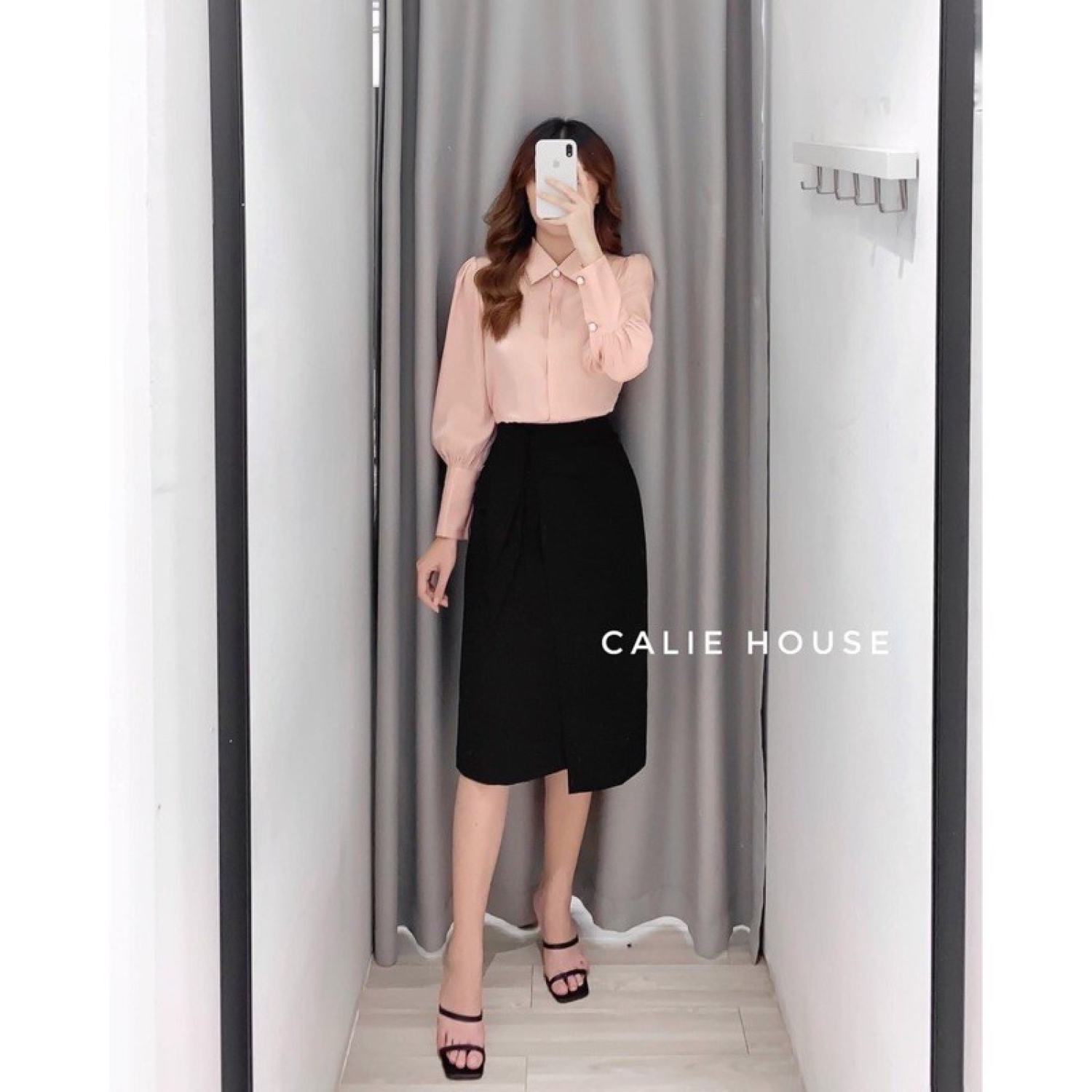 Chân váy nữ dáng bút chì saoshop màu đen thiết kế basic thắt nơ