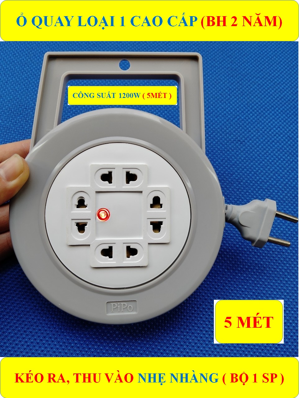 5 Mét Ổ cắm điện tròn xoay 1200W cao cấp BH 2 NĂM + 4 ổ cắm + 1 Đèn LED báo ( bộ 1 sản phẩm )