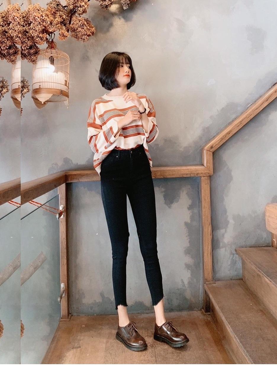 Quần jean nữ dài đen khoét rách tua lai b7h95