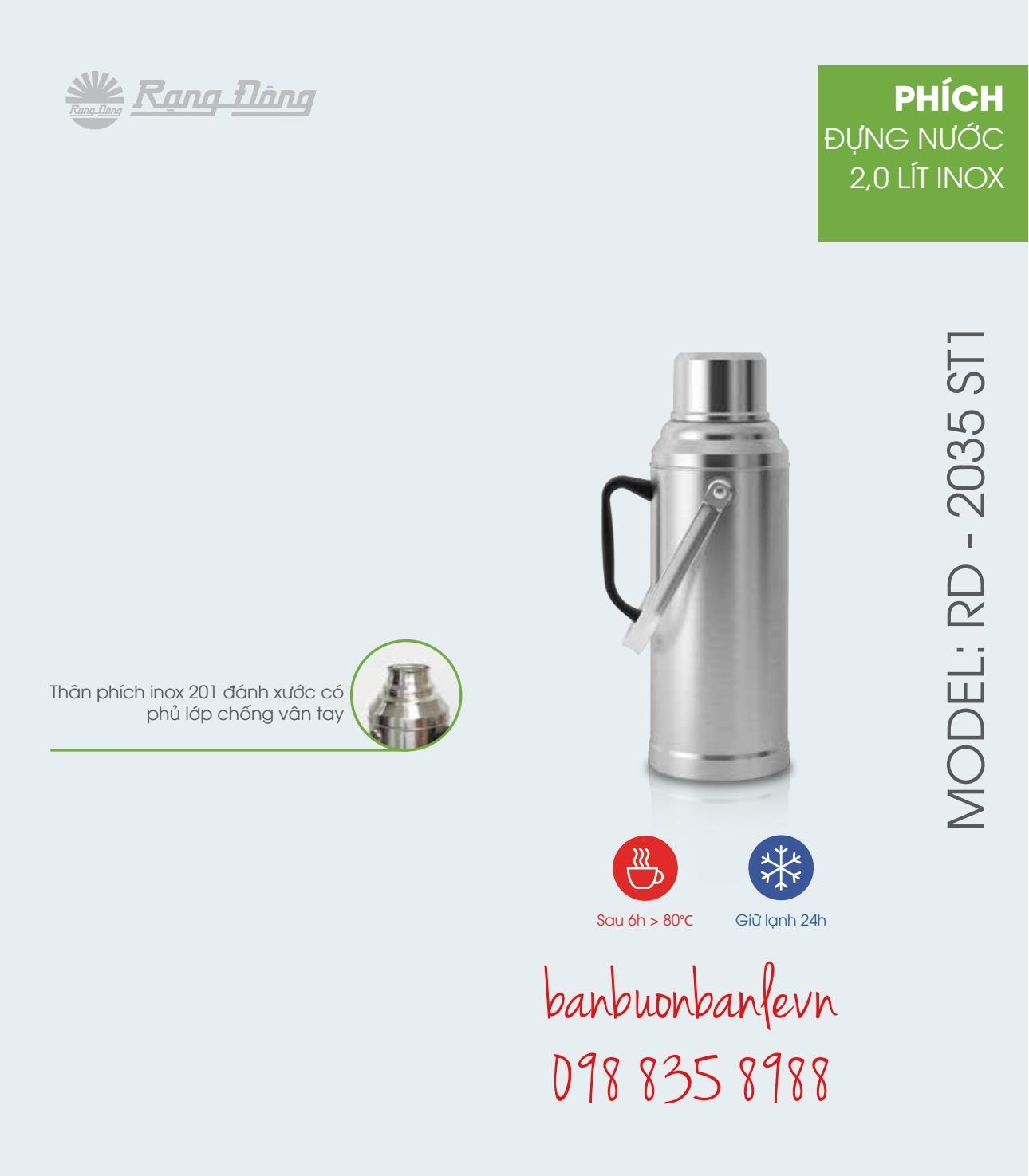 Phích inox 2L phủ lớp chống vân tay - Rạng Đông