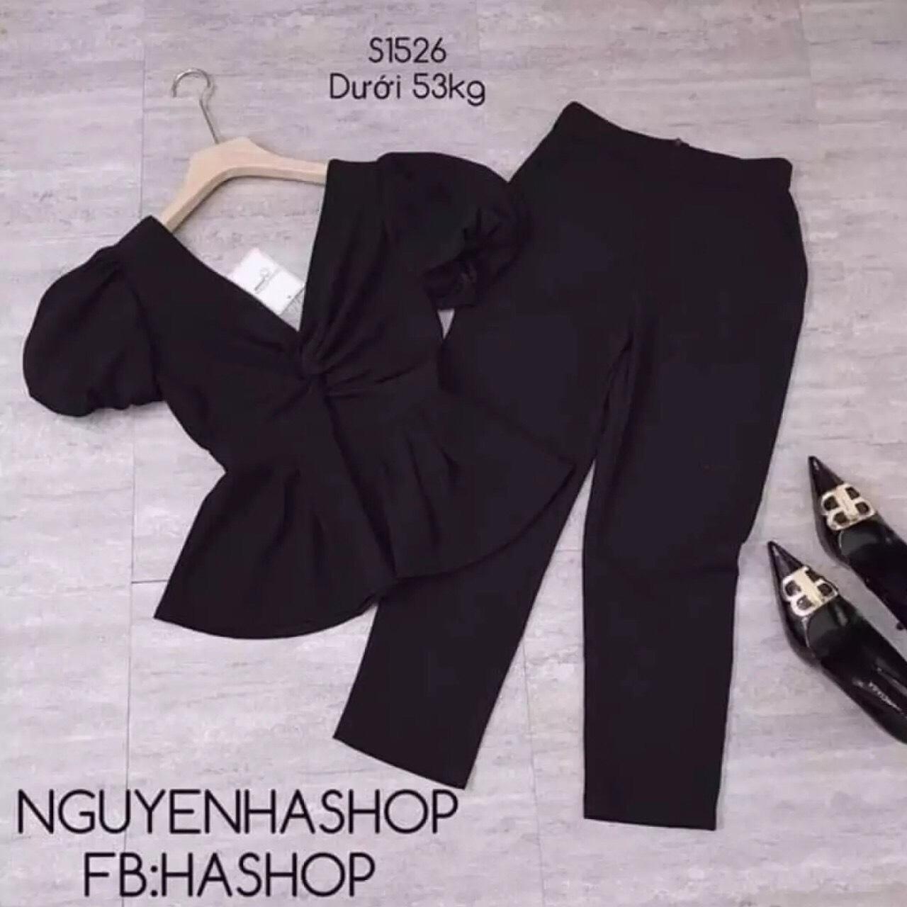 Set bộ nữ áo tay búp cổ xoắn