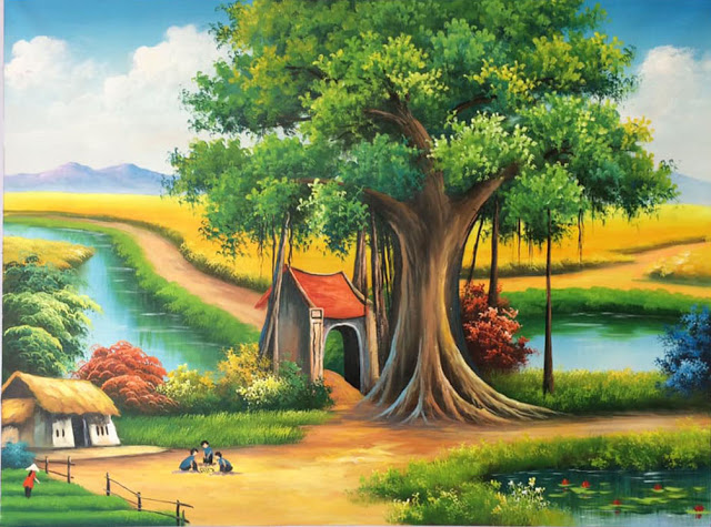 Tranh quê hương phong cảnh đồng quê chơi ô ăn quan tặng kèm khung tranh  trang trí 
