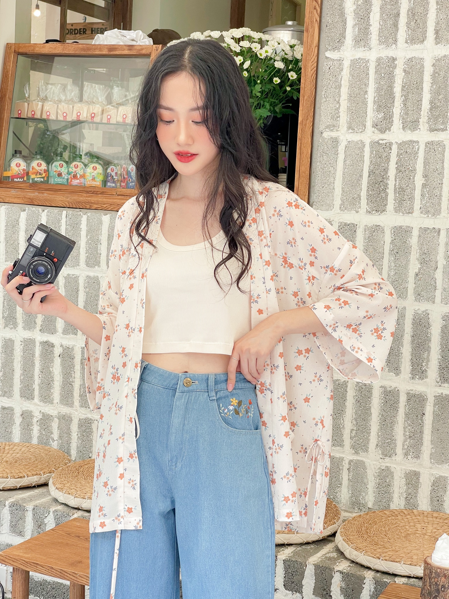 Áo Kimono Hoa Nơ - Cam Madelen
