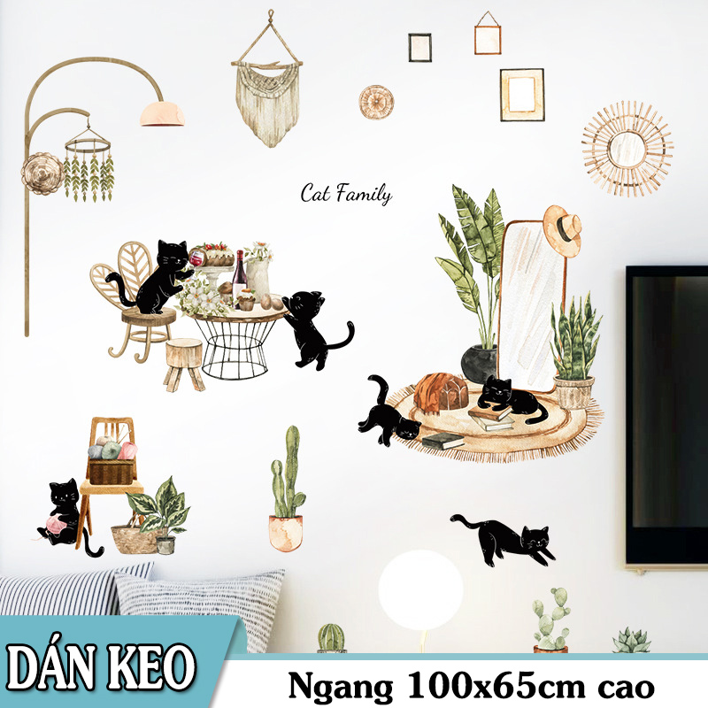 Decal dán tường trang trí - cat family tinh nghịch