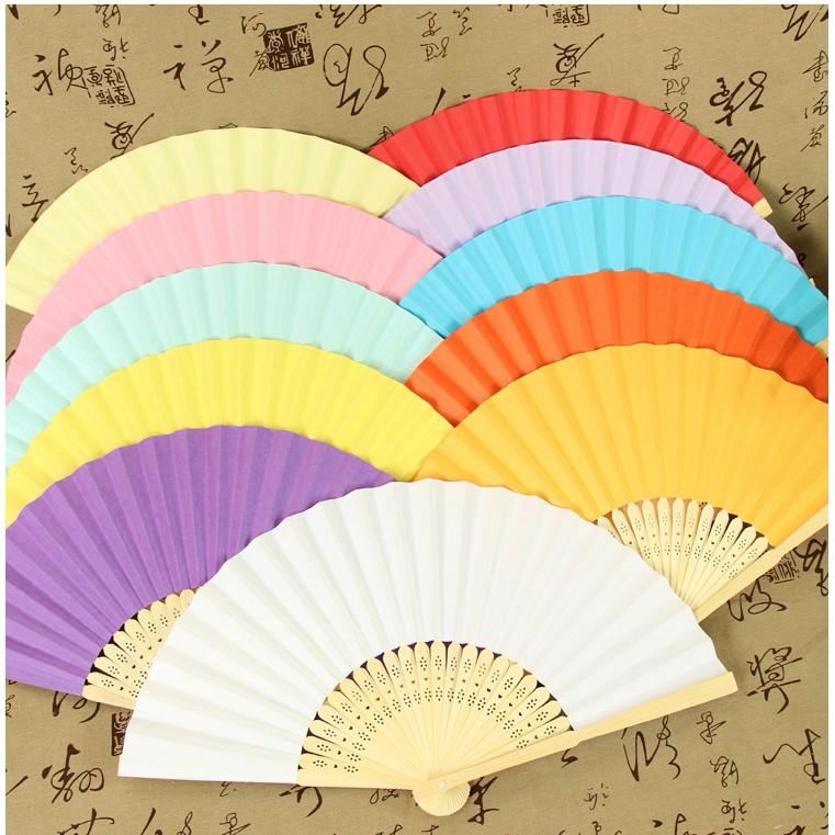 Quạt giấy trắng quạt xanh quạt xếp cầm tay phong cách trung quốc in họa tiết trang trí đẹp hồng cam đỏ