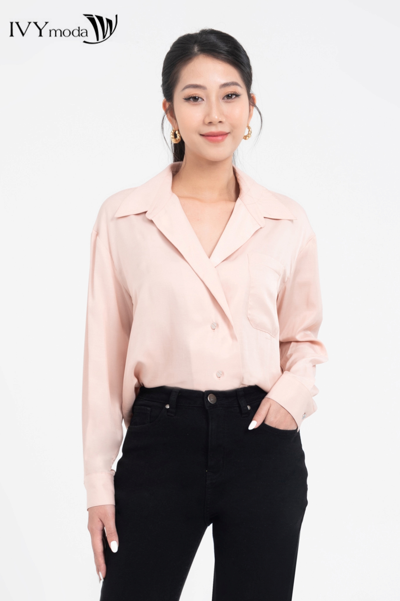 Áo sơ mi lụa dáng suông ivy moda ms 17m7999