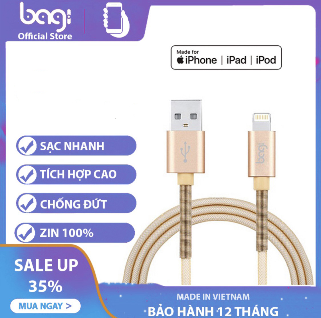[HCM]Cáp dù sạc nhanh 2 đầu bọc lò xo chống gẫy cho IPhoneIPad dài 1m - Bagi- IF100