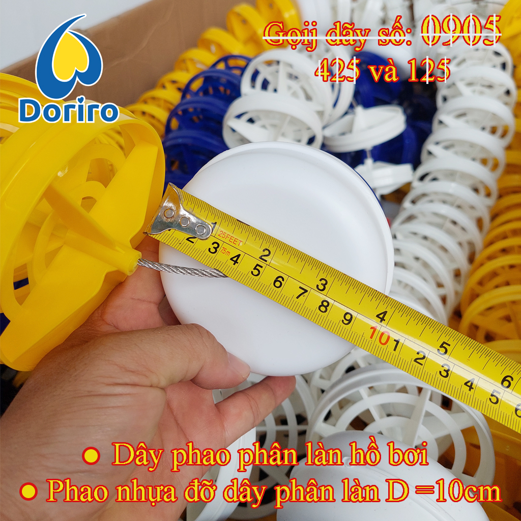 Dây phao phân làn hồ bơi, dài 25 mét và 50 mét HOẶC CHIỀU DÀI THEO YÊU CẪU CỦA KHÁCH, dây xuyên tâm bằng ny-long hoặc bằng thép.