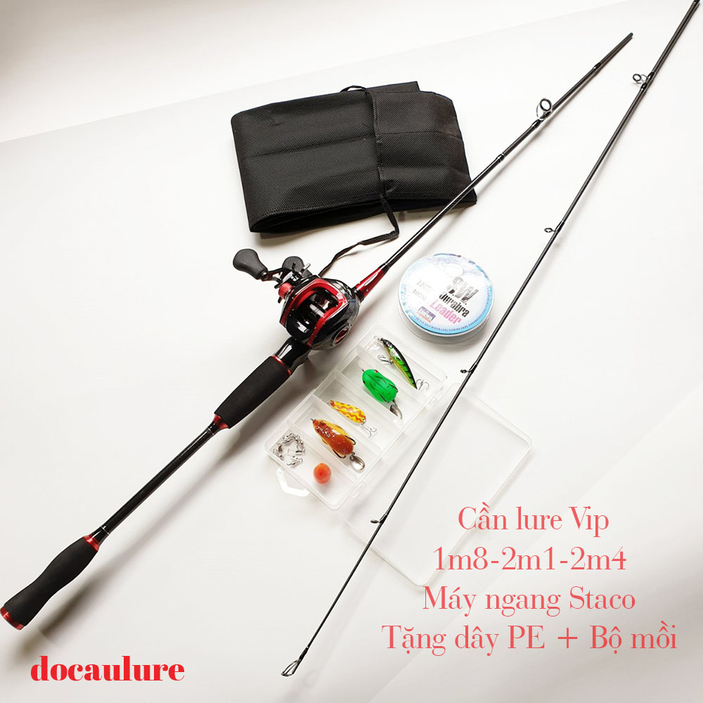 Bộ cần câu lure máy ngang - Cần câu cá VIP, Máy ngang Staco, tặng dù siêu bền PE+ Hộp 4 mồi câu lure và phụ kiện ( Ngu Long )